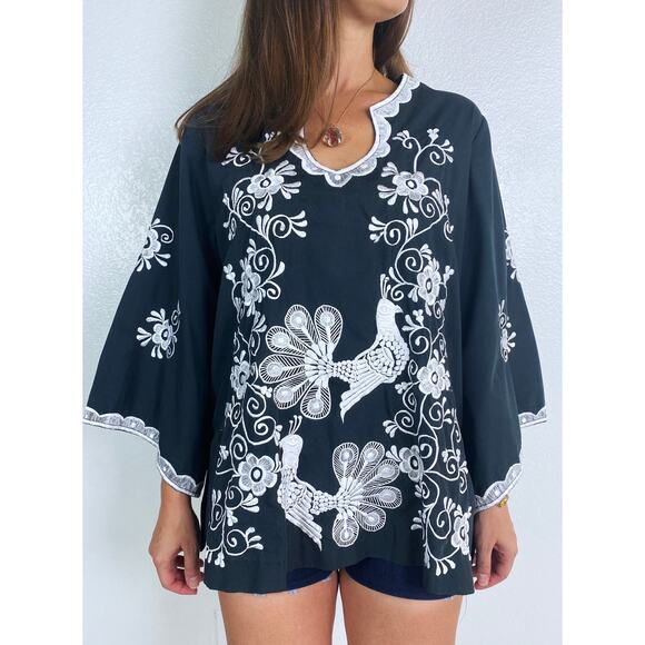 vintage 70s Chuchi Black EMBROIDERED PEACOCK Bell Sleeve TUNIC Large handmade - Picture 5 of 10